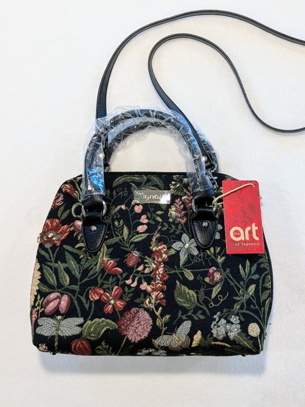 SIGNARE Nwt Tapestry Bag Convertible Morning Garden Black Top Handle